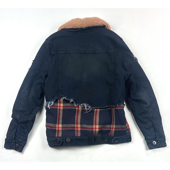 Makobi Mens Small Dark Blue Plaid Zip Denim Jean Sherpa Jacket Distressed M1035 - Picture 3 of 11